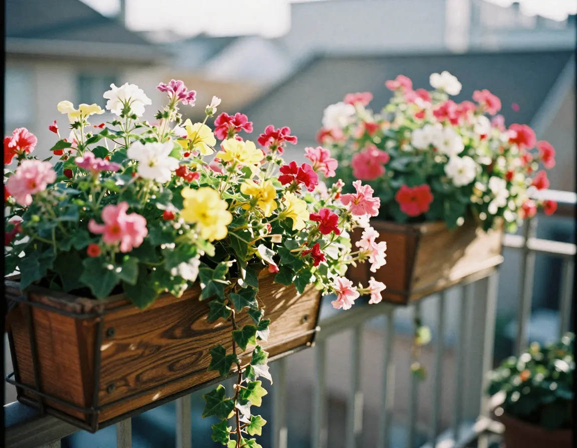 Beautiful balcony flower zone with colorful blooms and greenery